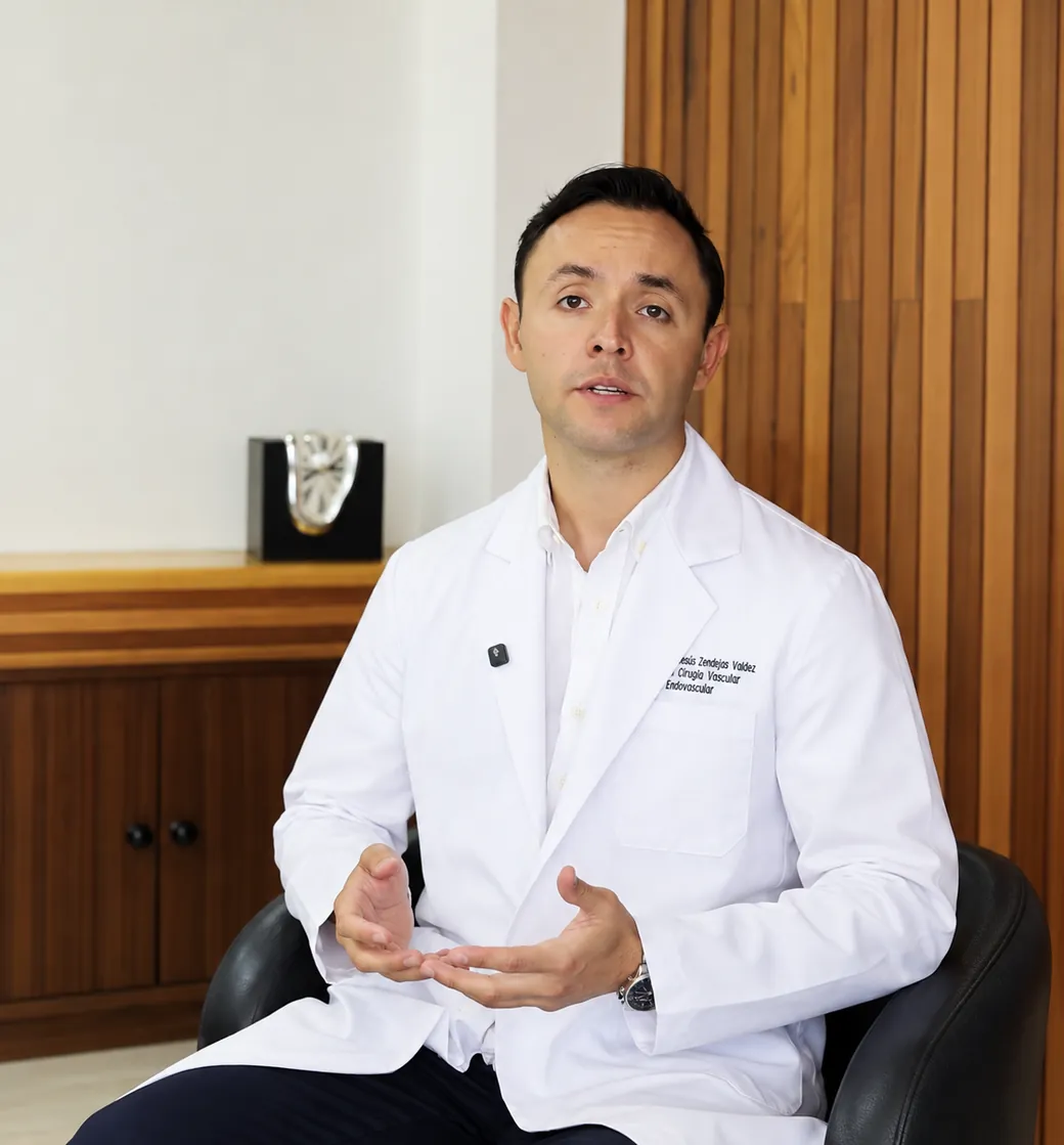 Dr. Ranulfo Zendejas explicando un diagnóstico vascular en consulta en León