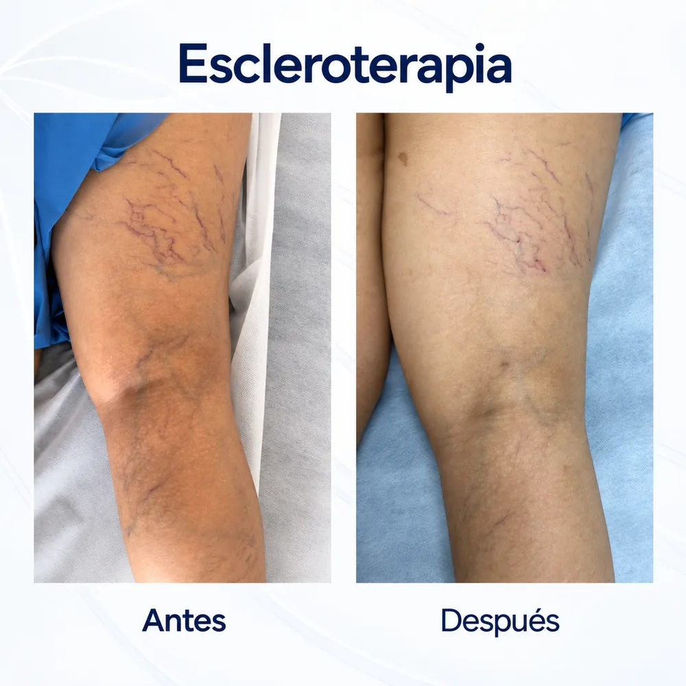 Escleroterapia antes y después: arañas vasculares en el muslo de una paciente del Dr. Zendejas