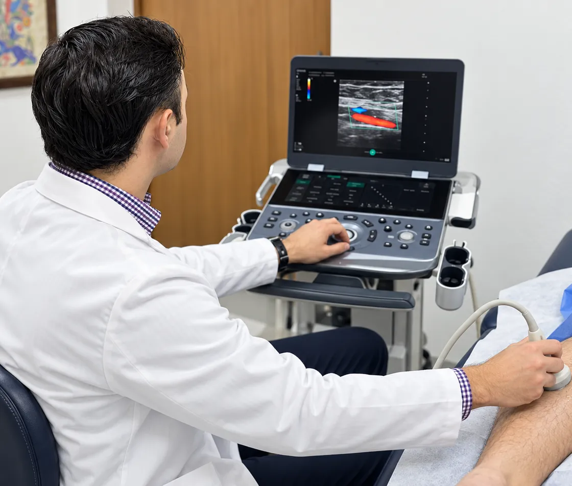 Ultrasonido Doppler a color mostrando el flujo de sangre en una vena de la pierna